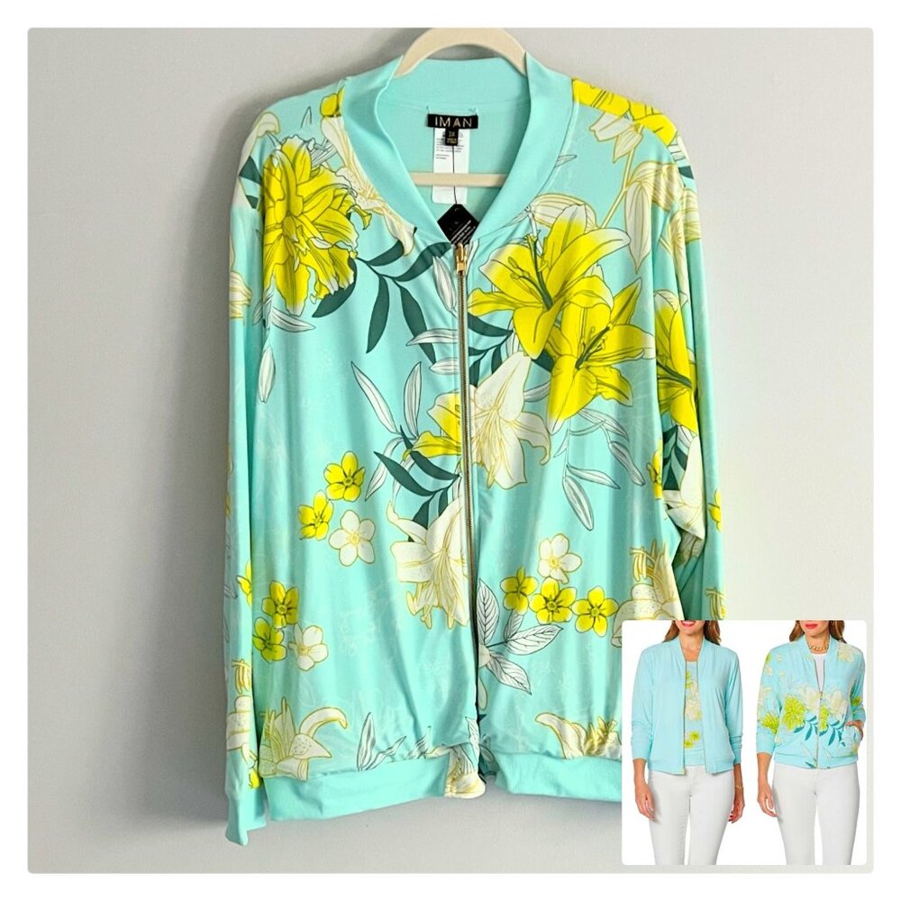 IMAN Aqua Floral Bomber Jacket 3X